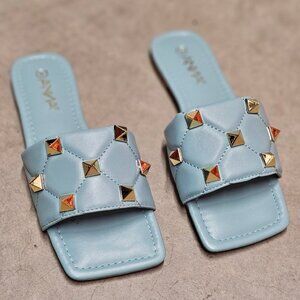 Quilted Sky Blue Slide Sandals With Gold Studs Square Toe Casual Flat Design For